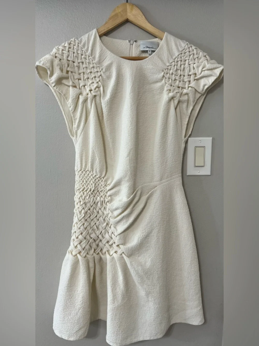 3.1 Phillip Lim Ivory Textured Smocked Dress Size 8 Silk Lined Designer Mini